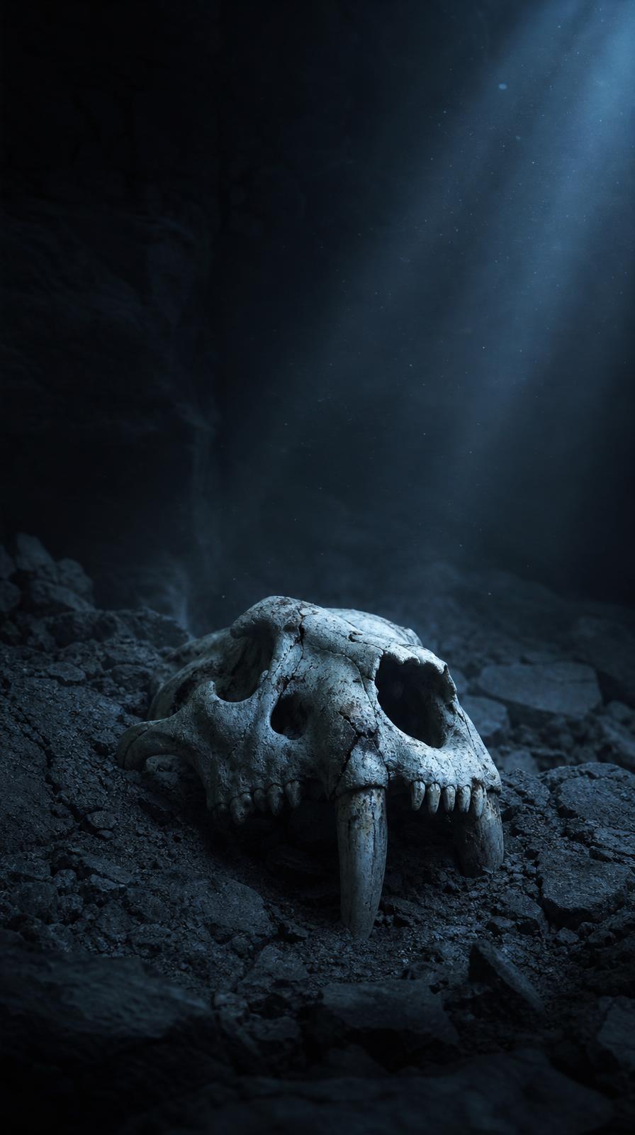 A skull lit by cold mineral-blue light, deep in the earth