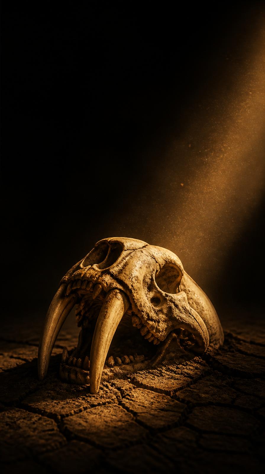 A sabre-tooth cat skull emerging from cracked dark earth, lit by a warm light shaft