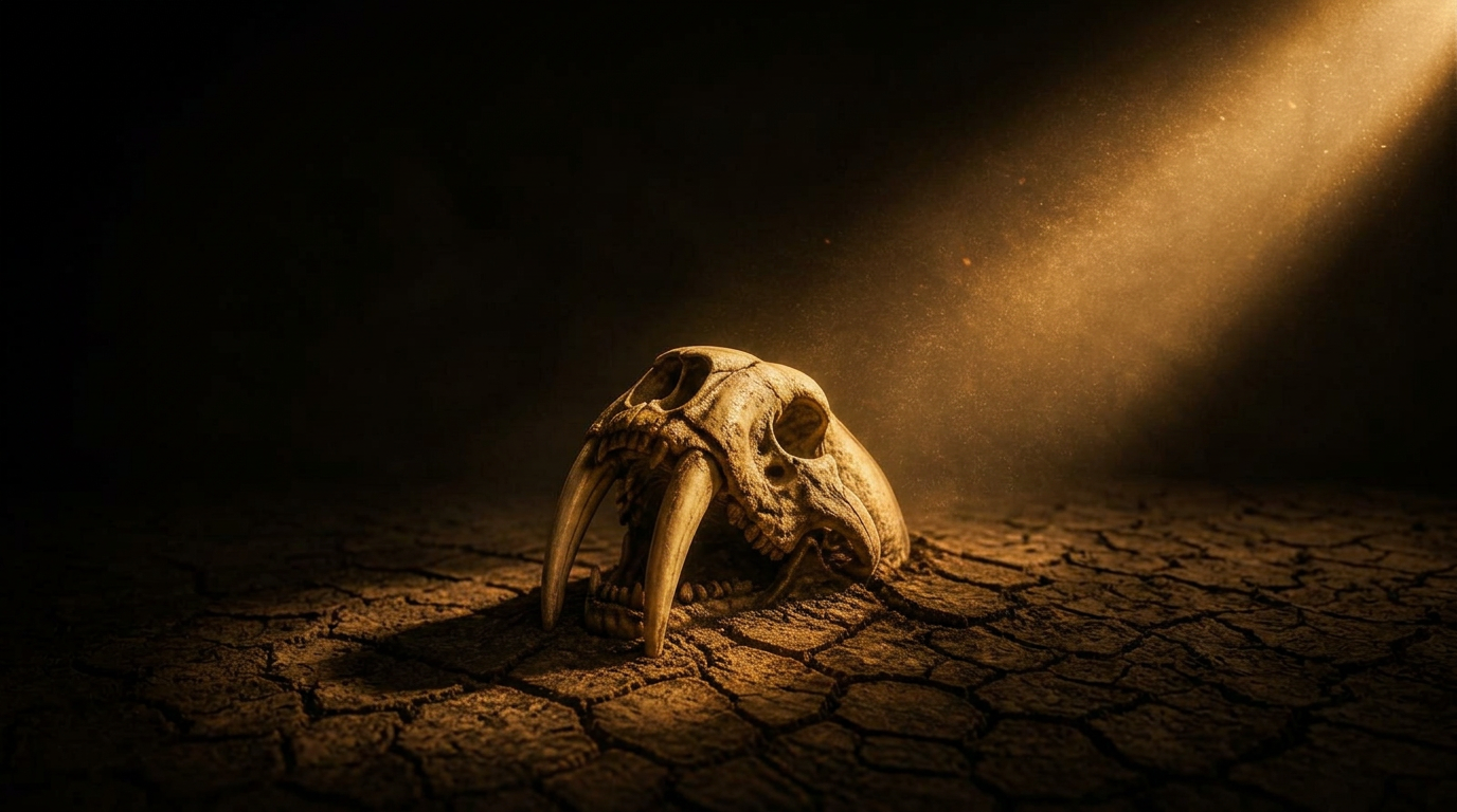 A sabre-tooth cat skull on cracked earth spanning the full width, lit by a warm light shaft from the top-right edge