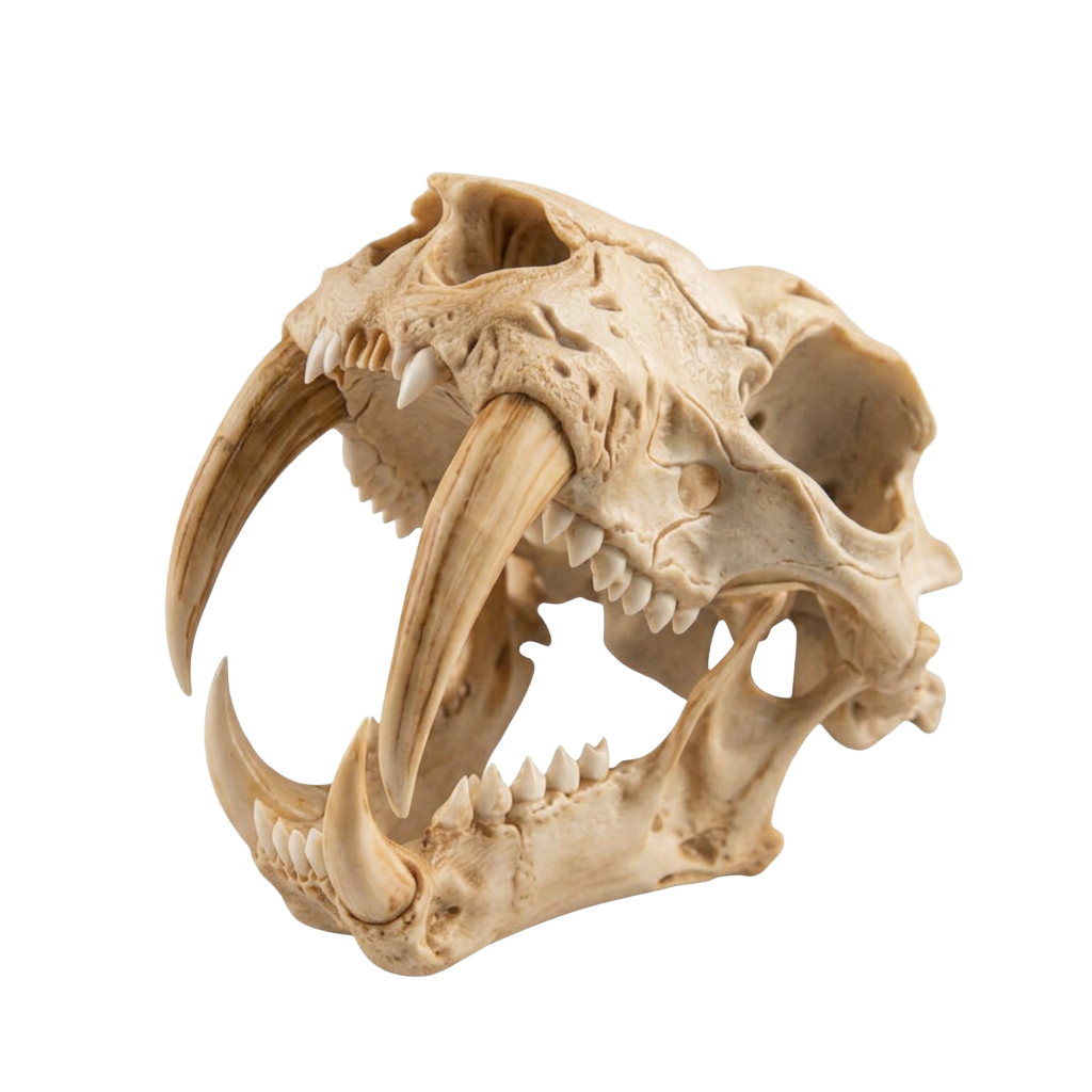Aged-bone Smilodon sabre-tooth cat skull lit dramatically on black