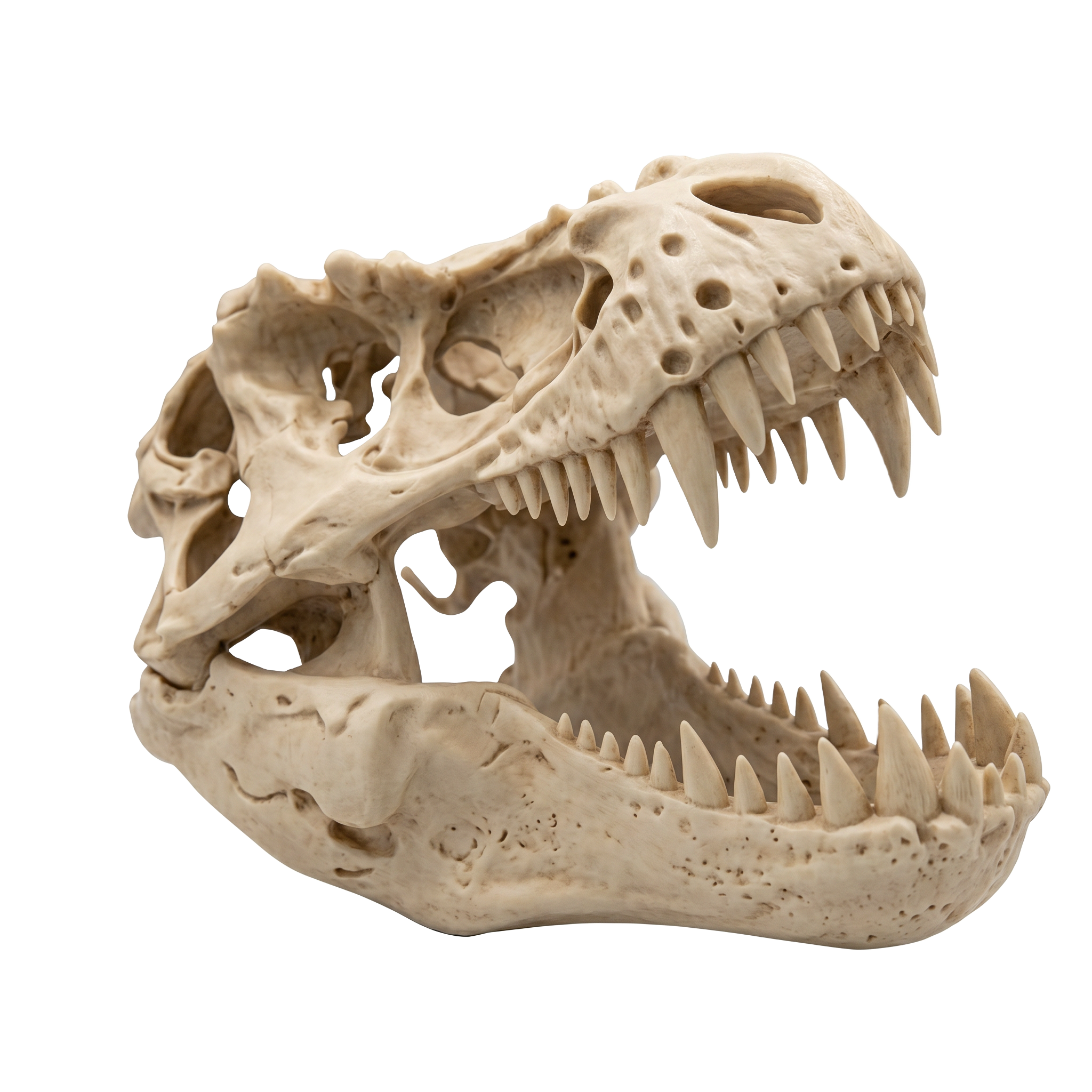 Bone-white Tyrannosaurus rex skull lit dramatically on black